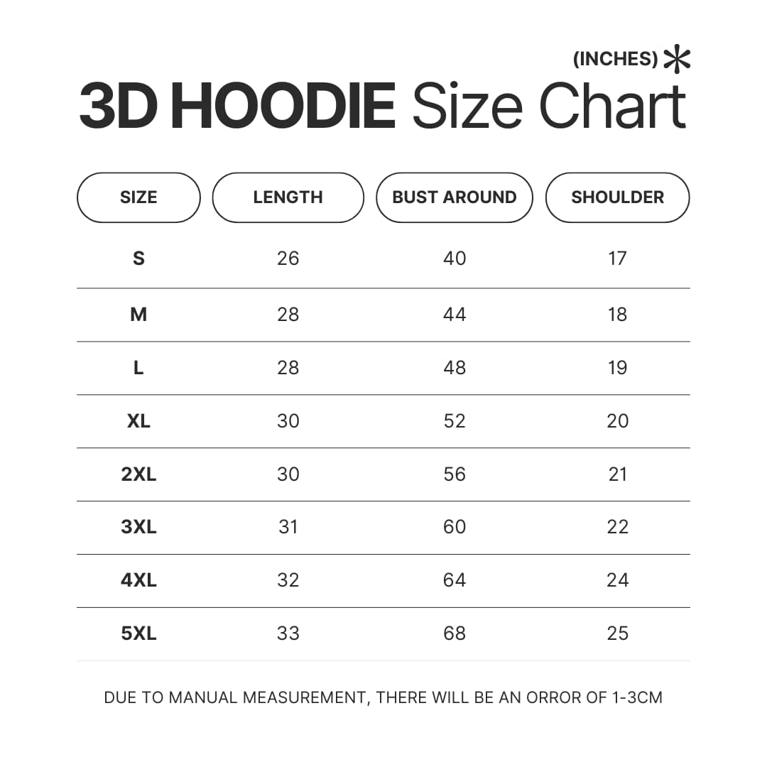 3D Hoodie Size Chart - Soul Eater Merch