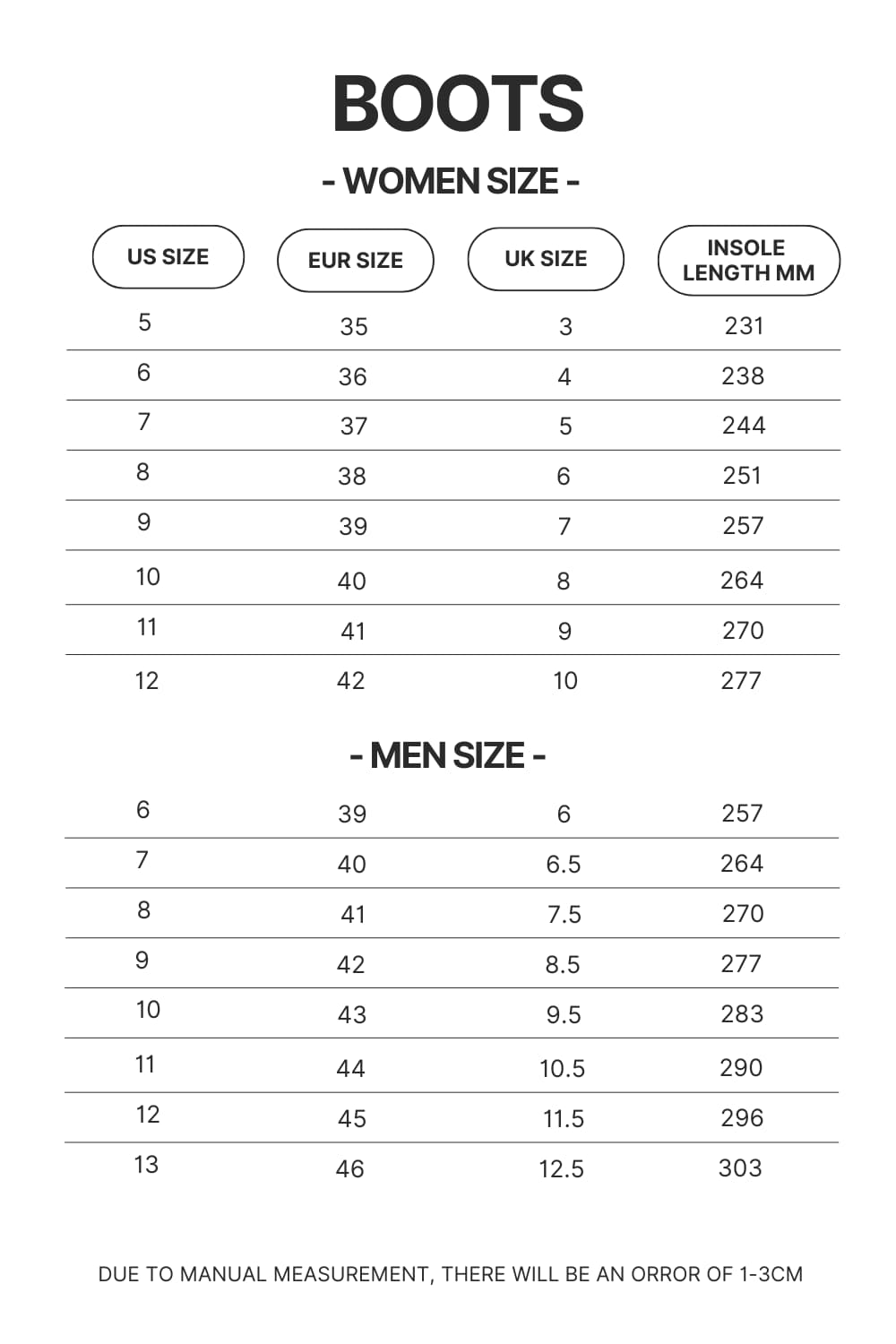 Boots Size Chart - Soul Eater Merch