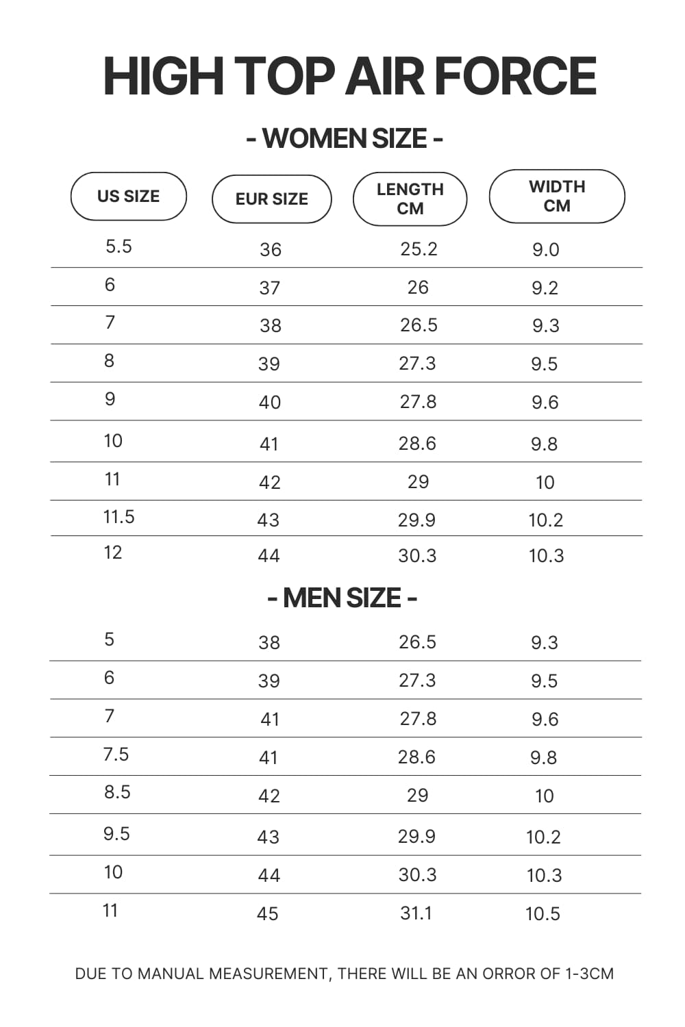 High Top Air Force Shoes Size Chart - Soul Eater Merch