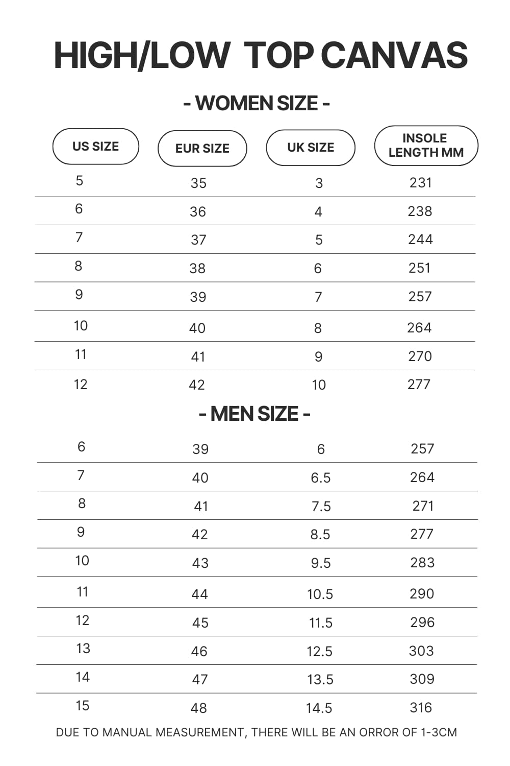 High Top Low Top Canvas Shoes Size Chart - Soul Eater Merch