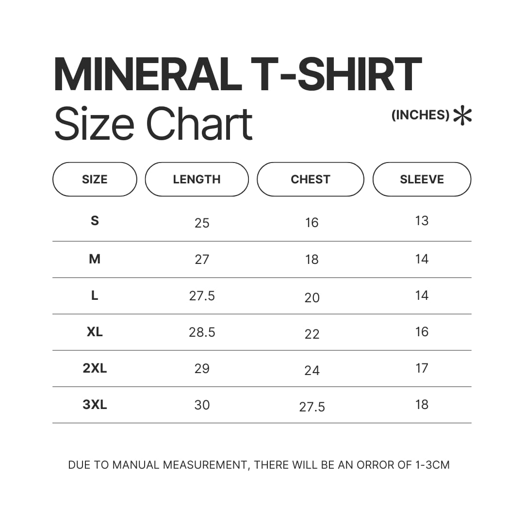 Mineral Wash T shirt Size Chart - Soul Eater Merch