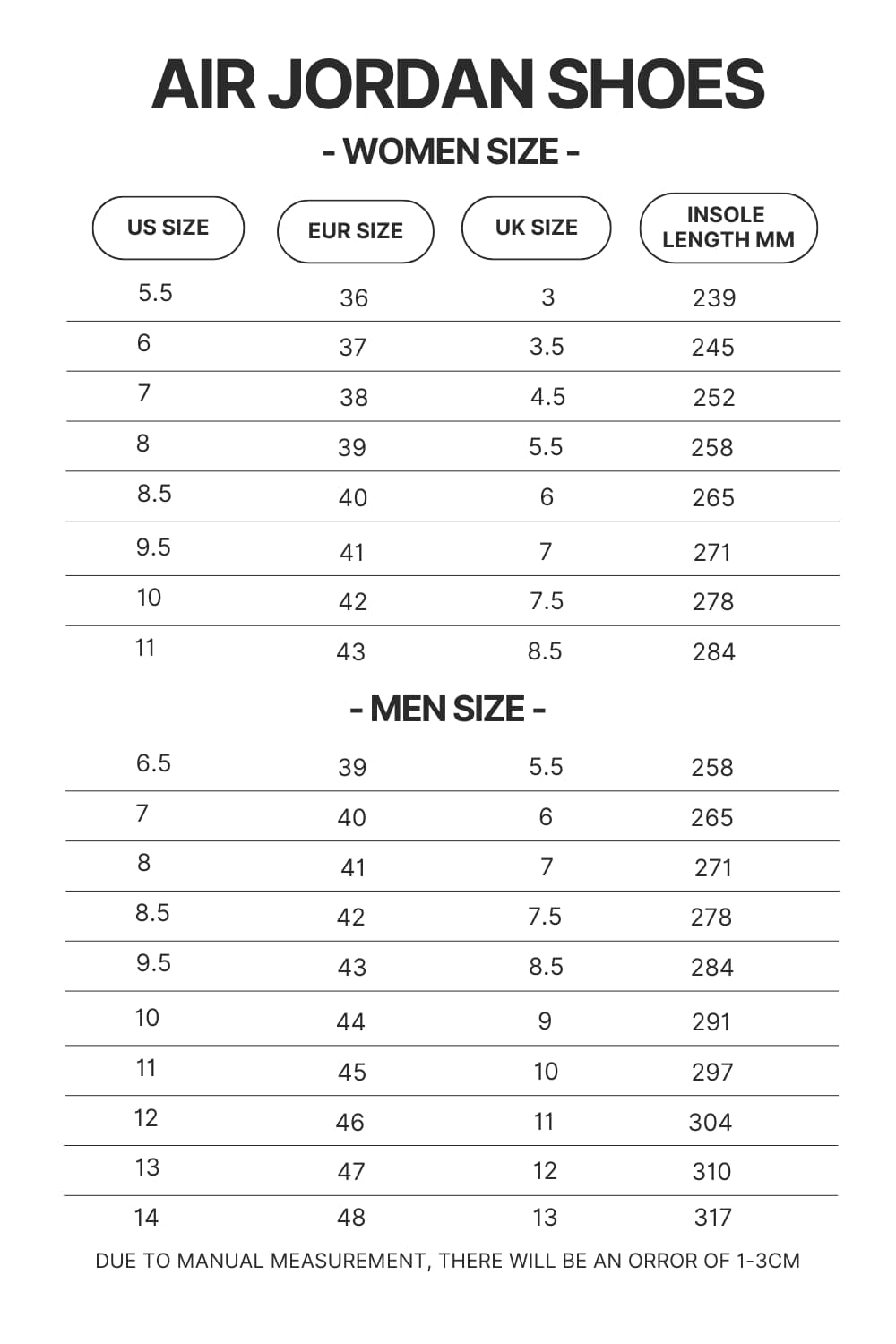 Air Jordan Shoes Size Chart - Soul Eater Merch