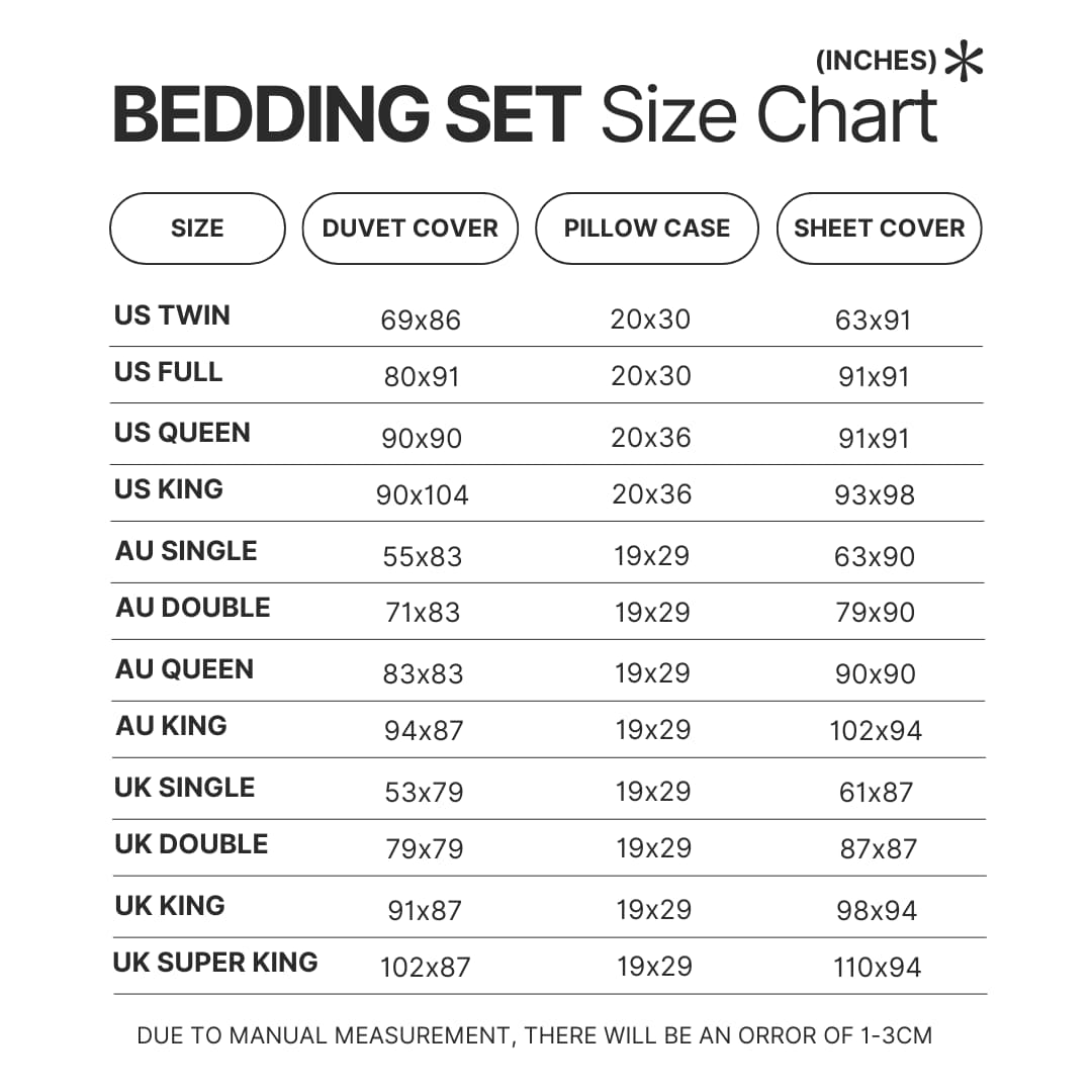 Bedding Set Size Chart - Soul Eater Merch