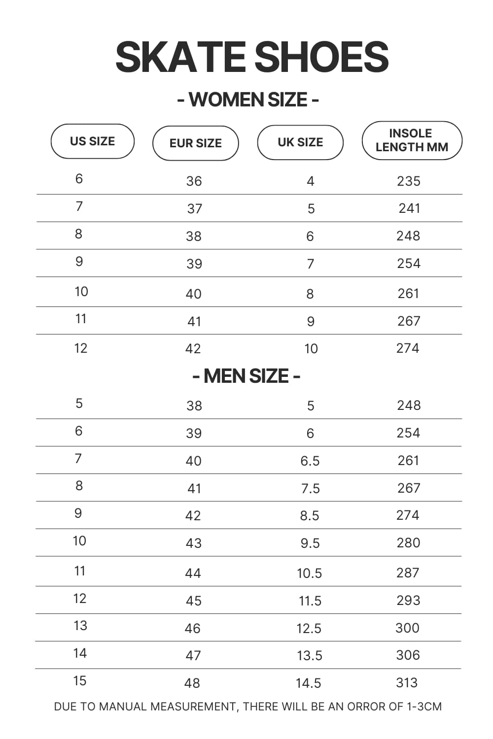Skate Shoes Size Chart - Soul Eater Merch